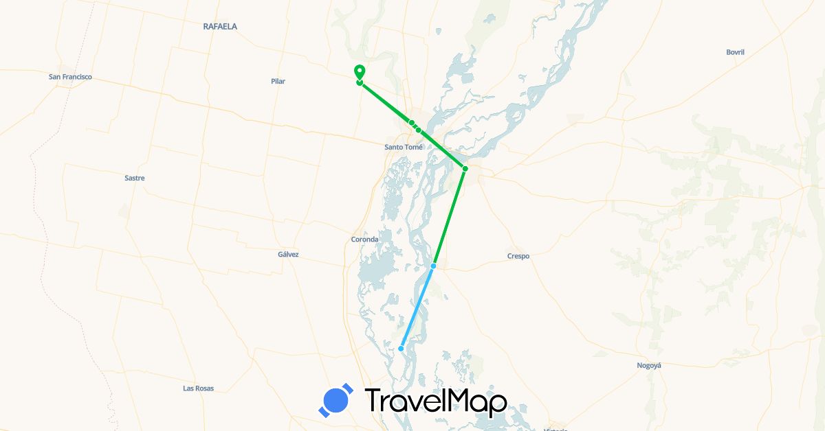 TravelMap itinerary: driving, bus, boat in Argentina (South America)